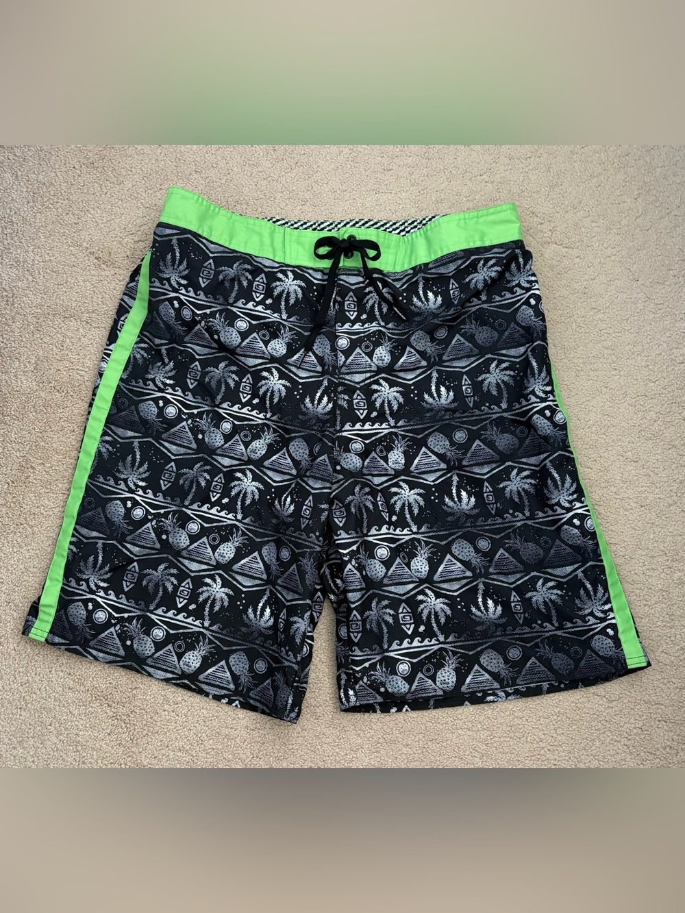 NWOT Joe Boxer Black Tropical Print Swim Board Shorts with Neon Green Waistband